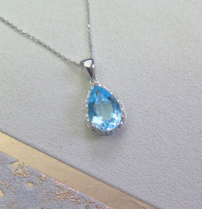Solid 925 Sterling Silver Genuine High Quality Topaz Crystal Teardrop Pendant Necklace