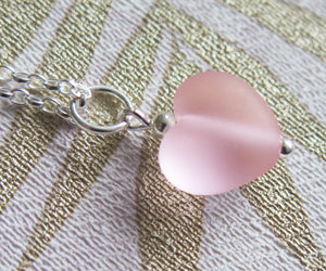 Frosted Pink Glass Lampwork Heart Pendant Necklace