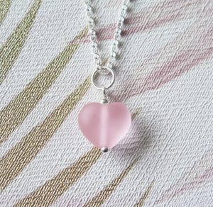 Frosted Pink Glass Lampwork Heart Pendant Necklace