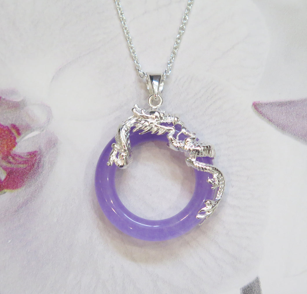 Sterling Silver Lavender Jade Chinese Dragon Pendant Necklace