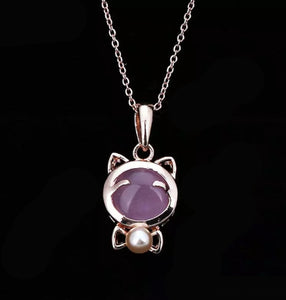 Lucky Cat Maneki Neko Pink Opal with Pearl Pendant Necklace
