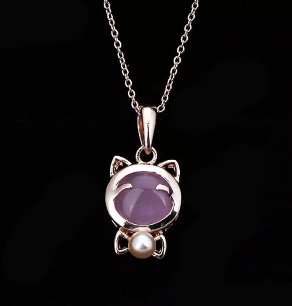 Lucky Cat Maneki Neko Pink Opal with Pearl Pendant Necklace